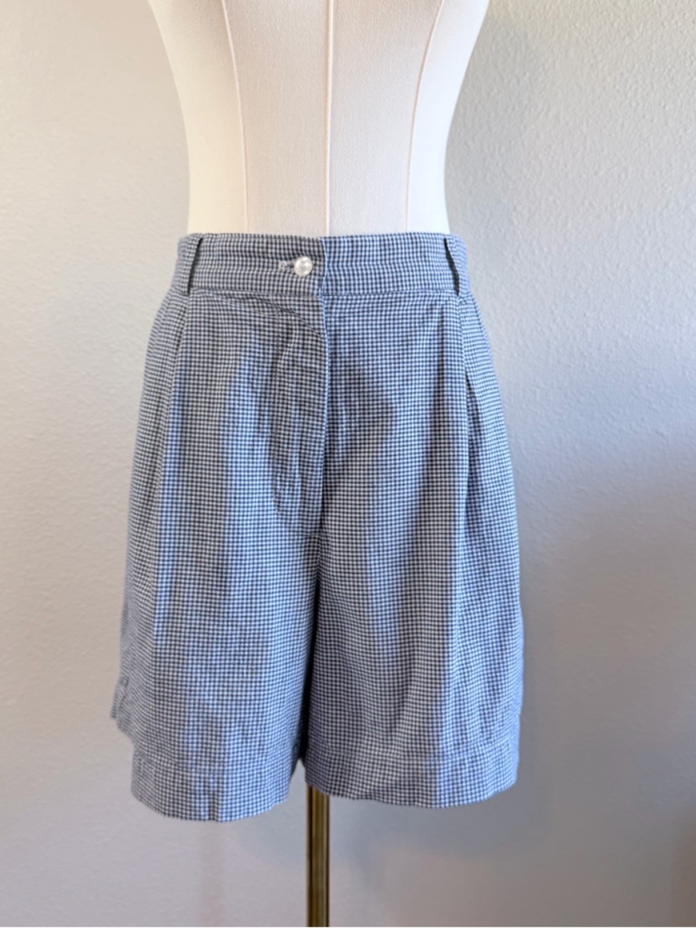 High-Rise Blue Gingham Bermuda Shorts